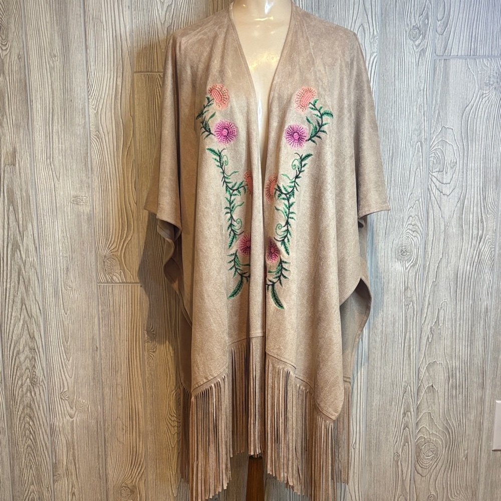 LaBellum Boho Western Festival Faux Suede Embroidered Poncho with Fringe - OS